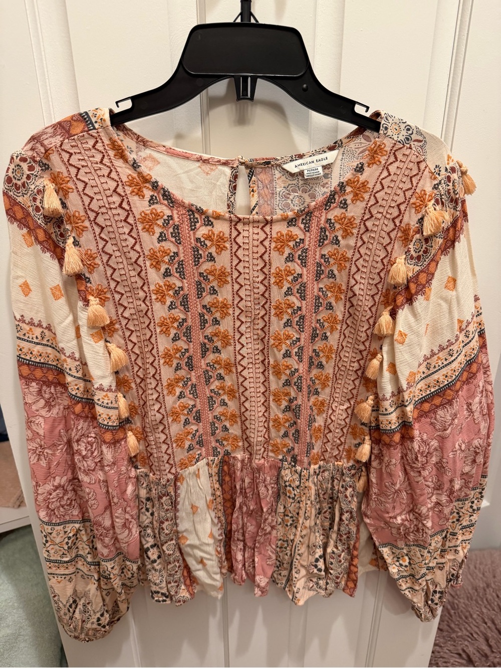 American Eagle Outfitters Pink, Cream & Orange Embroidered Boho Blouse